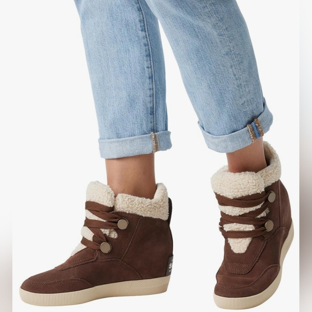 Sorel Out N About™ Cozy Wedge Brown Sherpa-Lined Sneakers Size 11 NWT MSRP $160